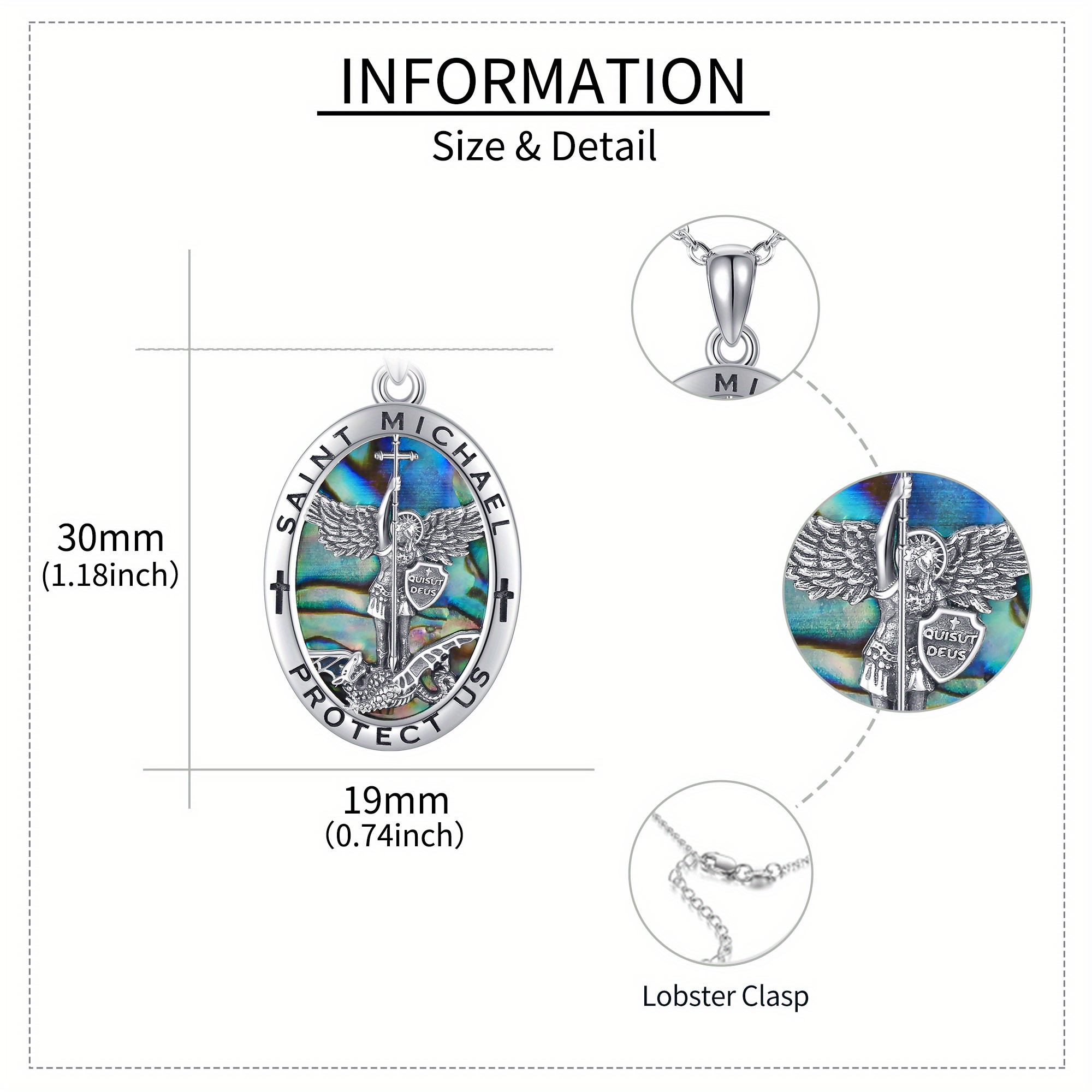 S925 Sterling Silver St Michael Necklace with Synthetic Abalone Shell